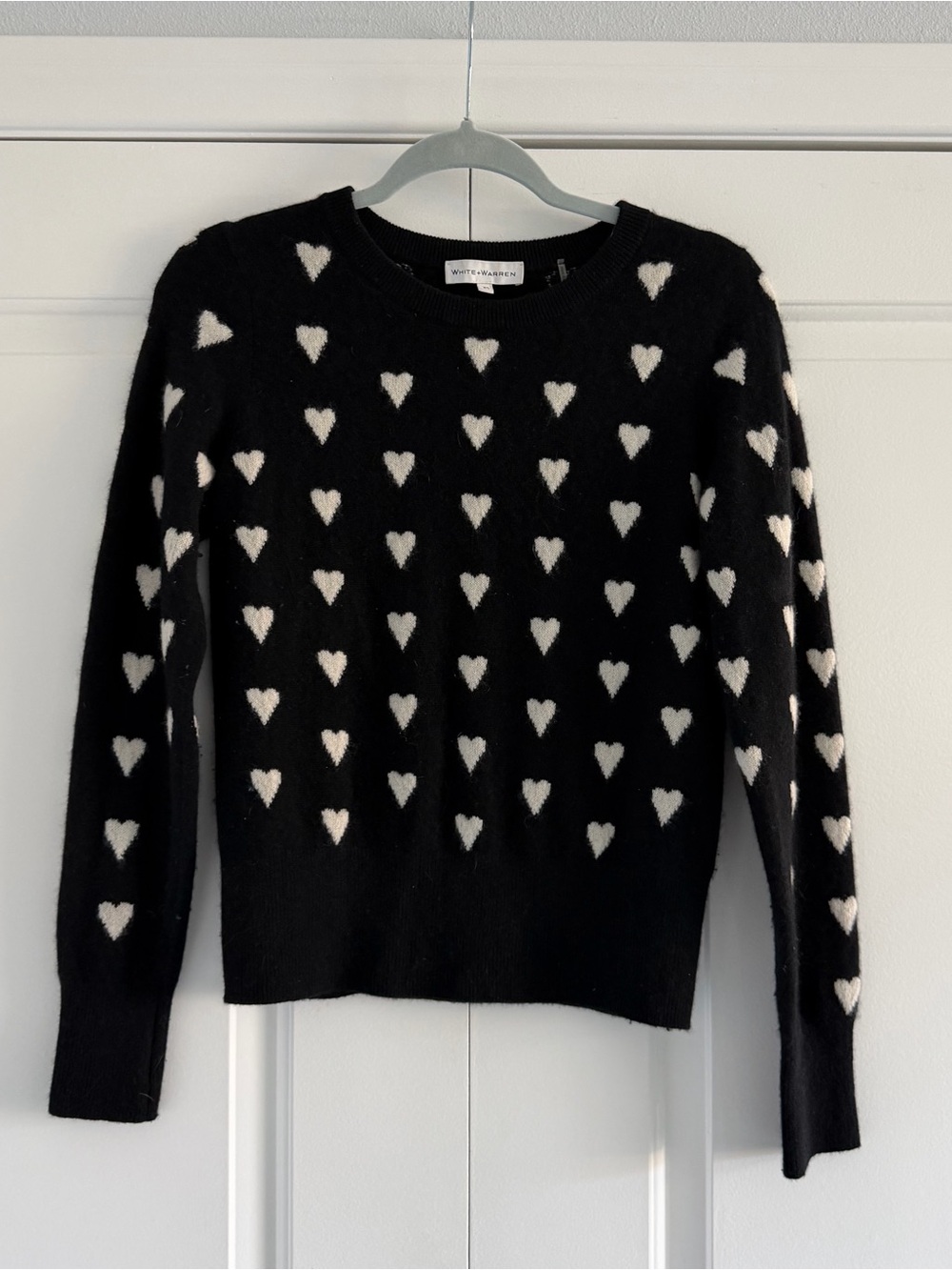 White + Warren Black Crewneck Sweater with White Hearts- 100% Cashmere- Size XS
